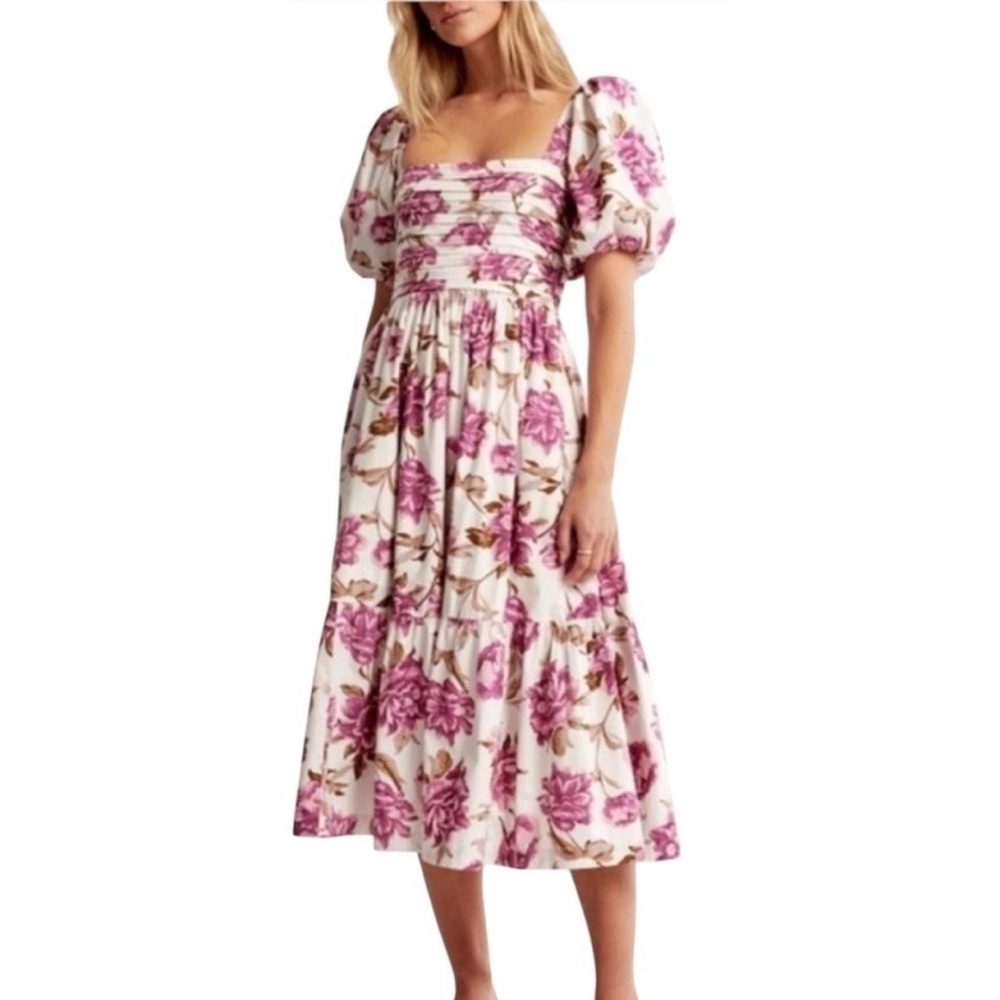 Abercrombie & Fitch Emerson Poplin Puff Sleeve Midi Dress with Pink Floral Print